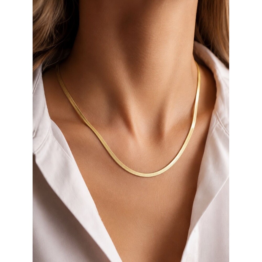 14K Gold Herringbone Necklace 5mm Snake Choker 16-18” Gld Plated Stainless Steel